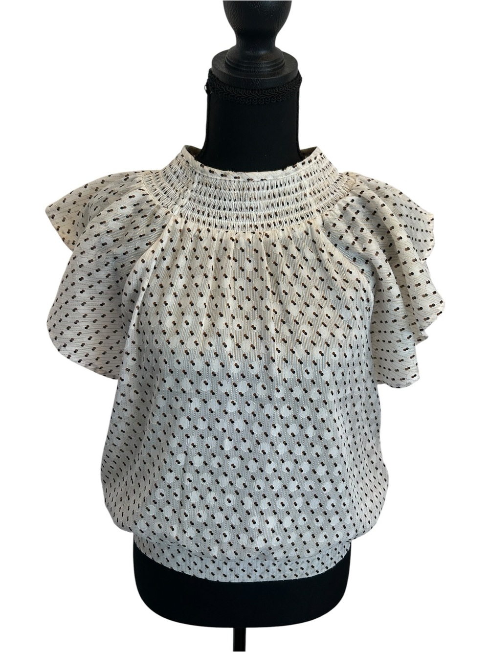 Express Cream Blouse with Black Dot Shimmer Print and Smocked Neck
